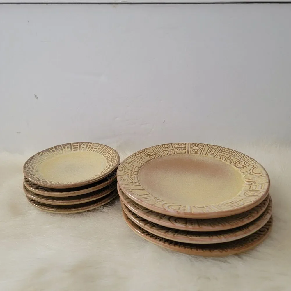 vintage Frankoma Set Of 8 aztec gold pottery plates 7G 7E - Picture 1 of 5